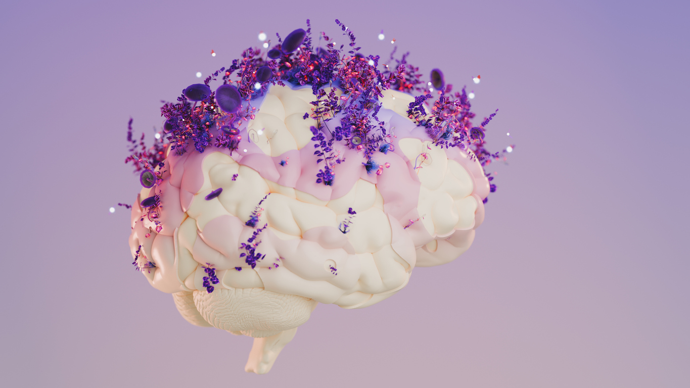 Brain covered in a variety of purple flowers and fungi