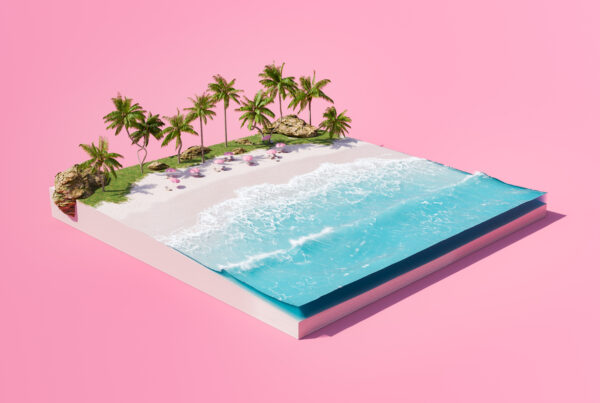 3D rendering of a conceptual tropical beach scene with palm trees and waves, isolated on a pink background with isometric view.
