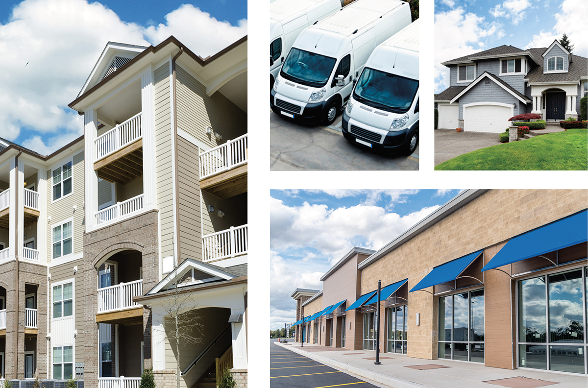 collage of apartments, vehicles, homes, and commercial spaces